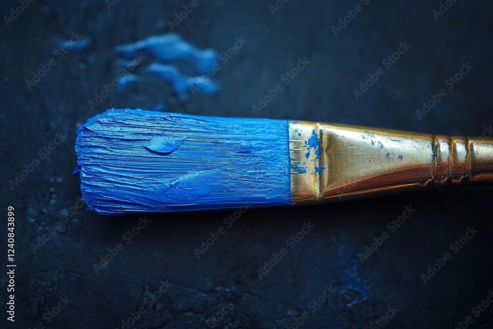 Poster bright blue paintbrush resting on a dark surface, showcasing vibrant color and texture in an artisti