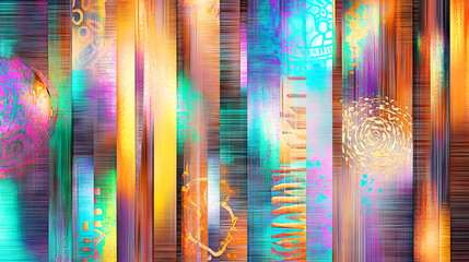 Colorful abstract background with vertical lines, vibrant gradients, and intricate textured elements in a layered artistic style