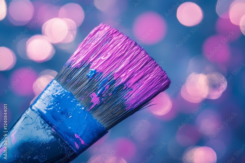 Poster vibrant pink paintbrush creates stunning artwork against a shimmering bokeh background in an artisti