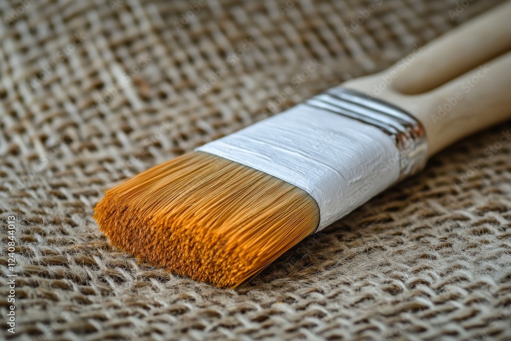 Poster close-up view of a paintbrush resting on burlap fabric, showcasing its bristles and handle details d