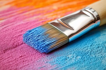 Fototapeta premium Beautiful brush dipped in vibrant blue paint on colorful background of pink and orange hues