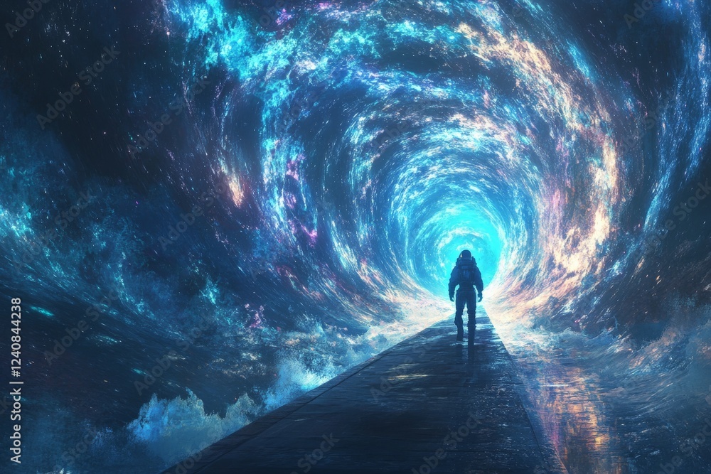 Aufkleber Journey through a cosmic portal with a lone figure walking on a reflective path in a vibrant galaxy at night
