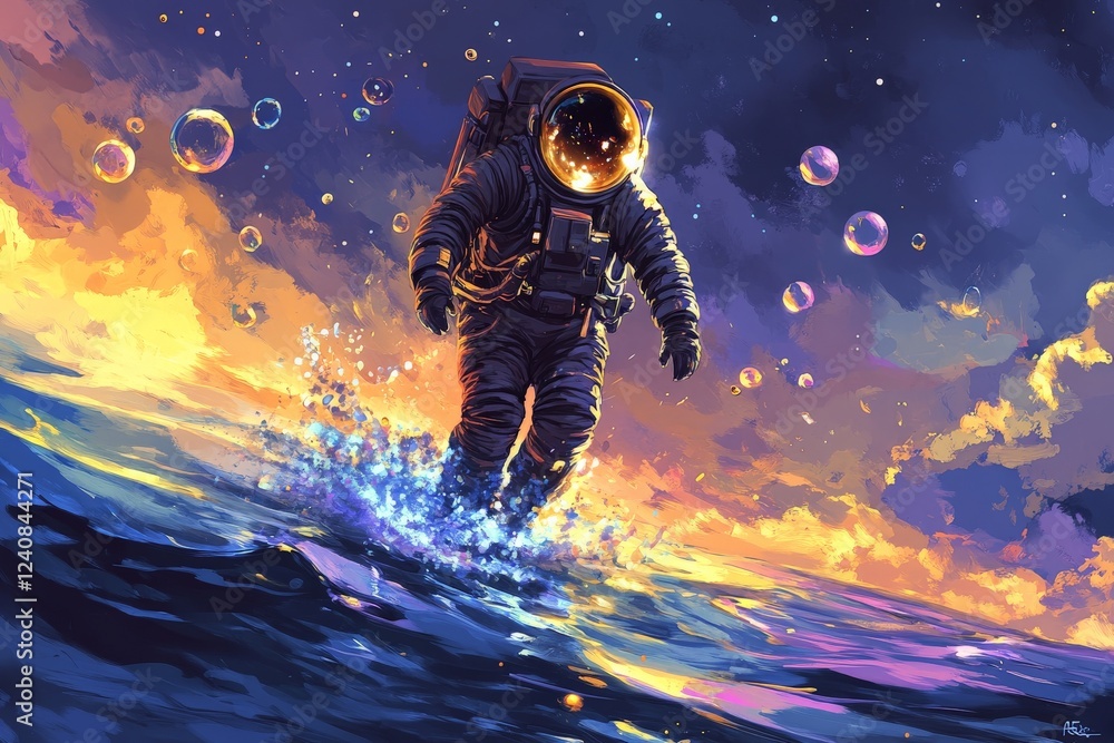 Poster astronaut walking on water during a vibrant sunset with bubbles floating in the air