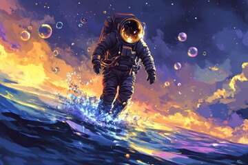 Obraz premium Astronaut walking on water during a vibrant sunset with bubbles floating in the air