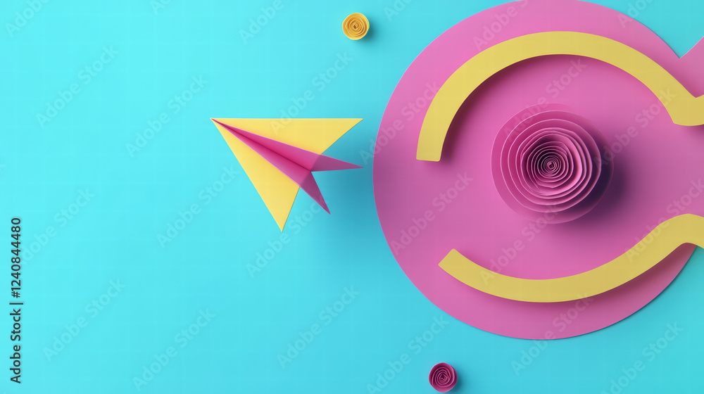 Aufkleber sleek paper plane in flight directed at vibrant circular background with colorful paper spirals. com