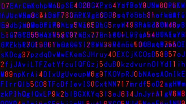コンピュータ空間のランダムな文字列・さまざまな文字を含むデータベース・エンコードされたプログラム内のデータセット・数学的計算・英数字・横長・ビデオ
