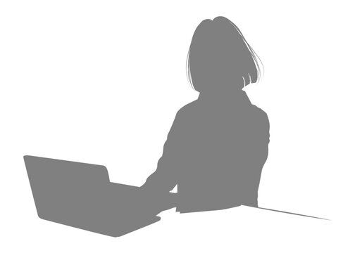 recommend clip art: ノートパソコンでタイピングをする日本人女性のシルエット 上半身正面
