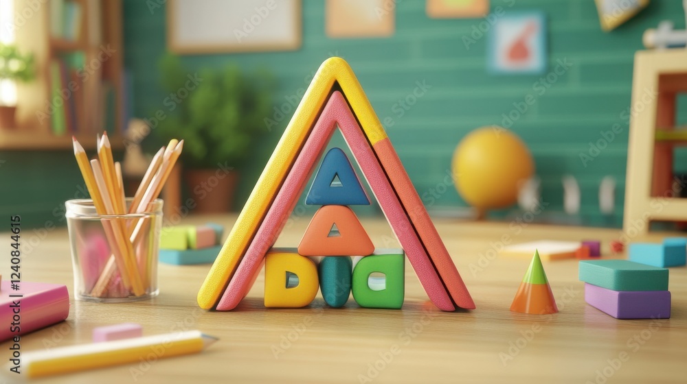 Poster colorful 3d building blocks in a classroom setting