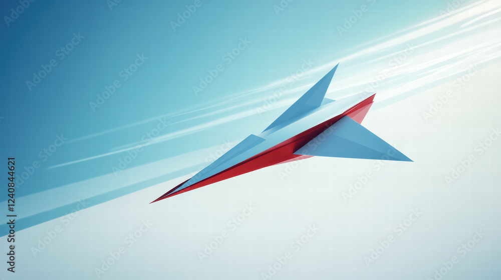 Poster sleek paper plane in motion, directed at target, showcasing dynamic lines and vibrant colors. design