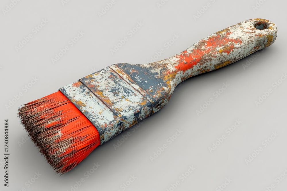 Poster old paintbrush with worn bristles and chipped handle, ideal for art projects or rustic decor