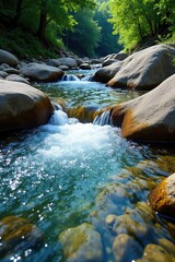 Clear blue water flowing over rounded pebbles and smooth rocks, nature, natural scenery, England