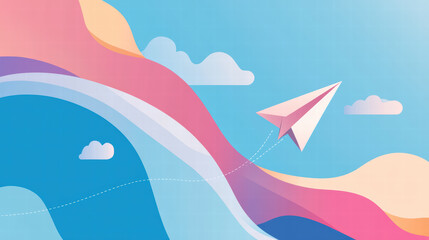 colorful image of paper plane flying through vibrant sky with abstract waves and clouds, symbolizing freedom and creativity
