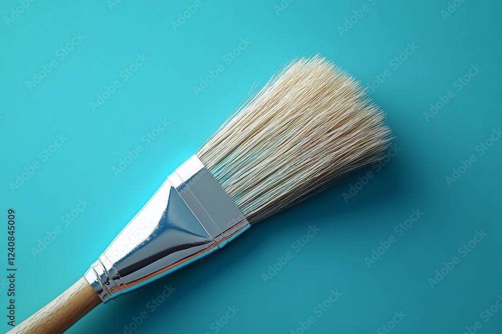Poster close-up of a paintbrush resting on a turquoise background showing bristles and metallic ferrule