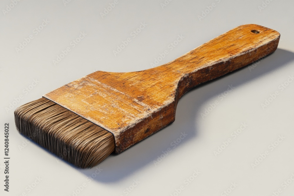 Poster old wooden paint brush with worn bristles resting on a light background in a well-lit environment
