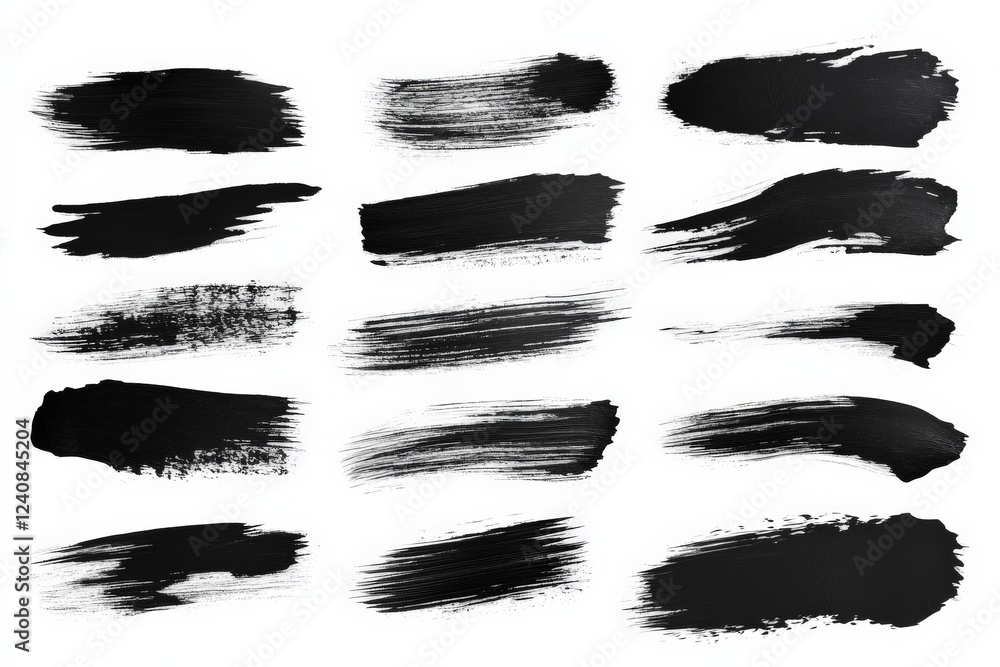 Poster creative black paint brush strokes arranged on a white background for artistic designs and projects