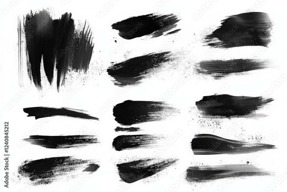 Poster diverse black brush strokes arranged in various styles showcasing artistic textures and techniques