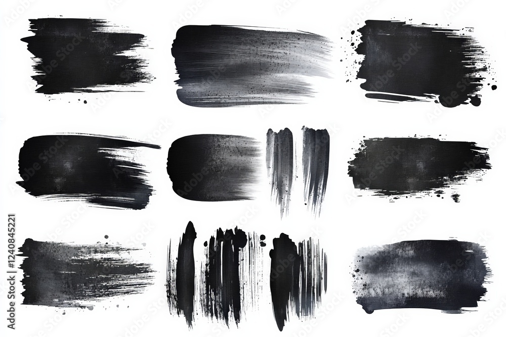 Aufkleber Black paint strokes in various styles and textures on a white background for artistic use in design projects