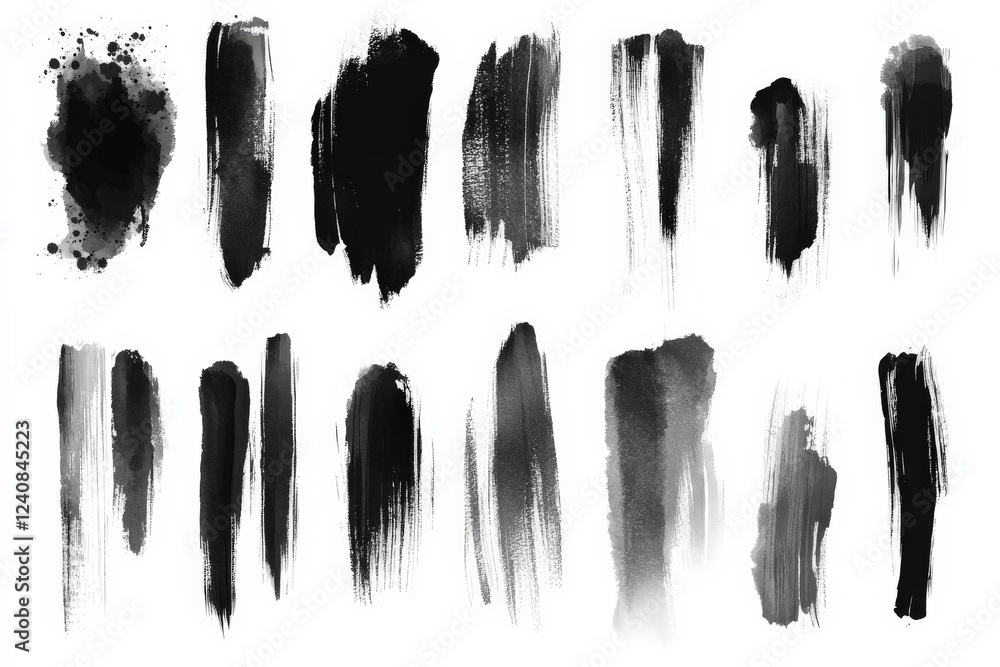 Aufkleber Variety of black paint strokes demonstrating different textures and techniques for artistic use in design projects