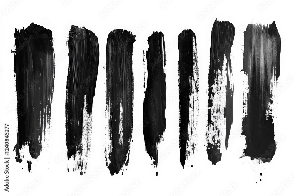 Aufkleber Various brush stroke patterns in black paint on a white background showcasing artistic techniques and textures