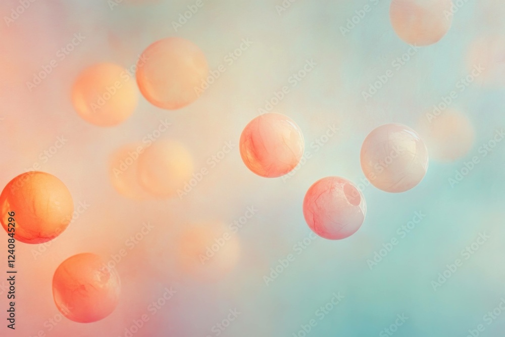Poster abstract pastel colored spheres floating in a dreamy background, creating a serene and calming atmos