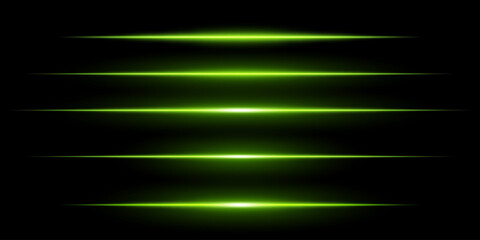 Glowing horizontal green light set. Bright neon laser lines on dark background. Futuristic technology, sci-fi elements, digital energy beams, abstract light streaks. Modern cyberpunk high-tech design