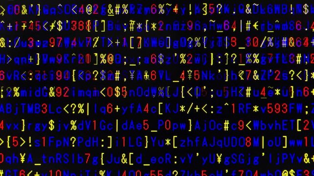 コンピュータ空間のランダムな文字列・さまざまな文字を含むデータベース・エンコードされたプログラム内のデータセット・数学的計算・大規模言語モデル・機械翻訳・英数字記号・横長・ビデオ
