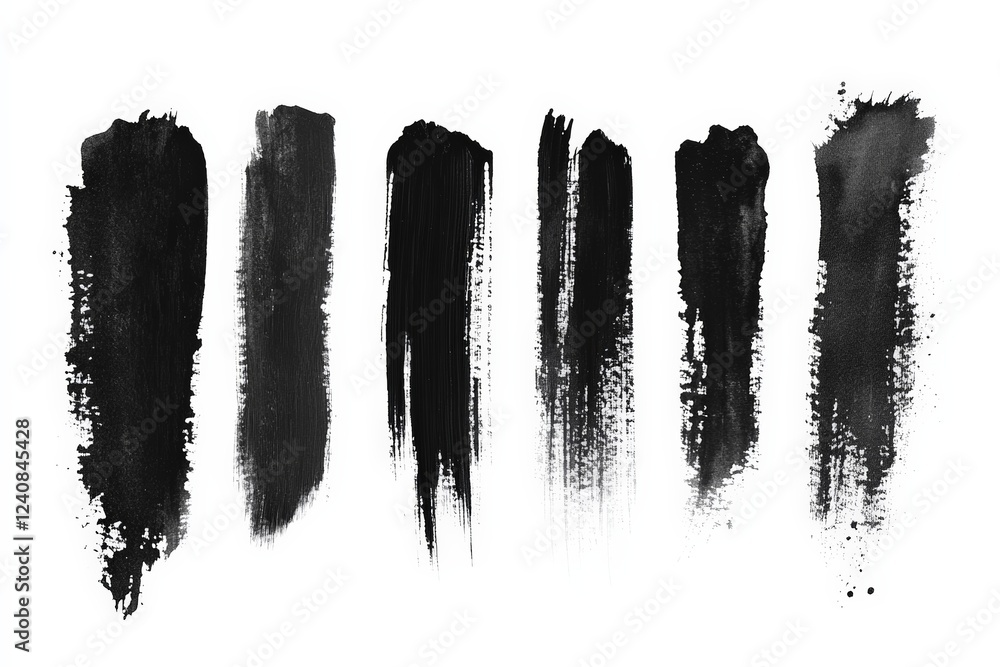 Poster various strokes of black paint showcasing texture and depth on white background for artistic explora