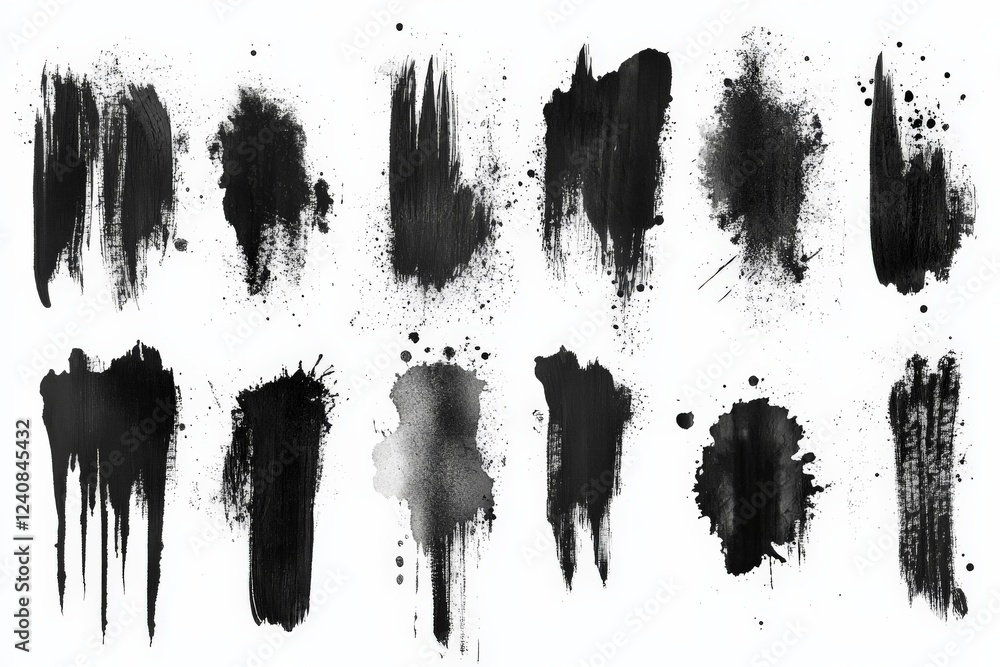 Aufkleber Black ink splash textures created through various brush and splatter techniques for artistic use and design projects