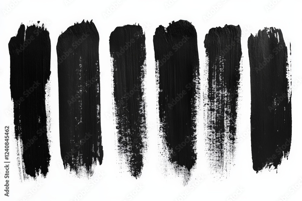 Poster black paint strokes on a white background showcasing various brush techniques and textures of artist