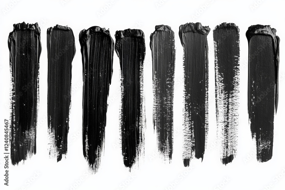 Poster Artistic display of black paint strokes on a white canvas showcasing various textures and techniques in modern art