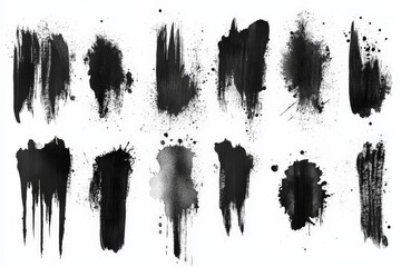 Black ink splash textures created through various brush and splatter techniques for artistic use and design projects
