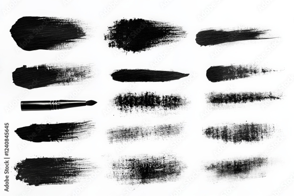 Poster Different brush strokes and textures created using black paint on white background for artistic exploration