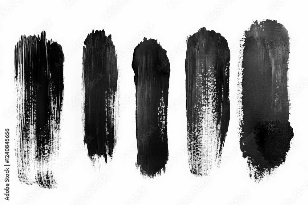 Poster various black paint strokes demonstrating texture and technique on a white background