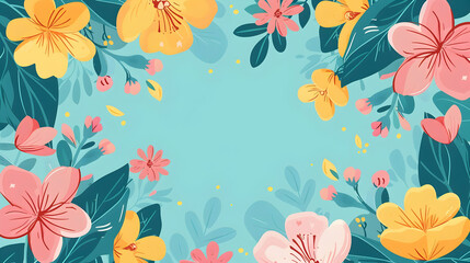 Colorful floral border design featuring vibrant flowers and leaves on a light blue background