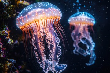 Two luminous jellyfish swim in the dark ocean depths