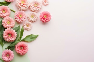 Beautiful pink gerbera flowers with green leaves are arranged on a pastel pink and green background, creating a delicate and romantic floral composition