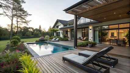 Fototapeta premium Amazing deck and pool in modern home backyard 