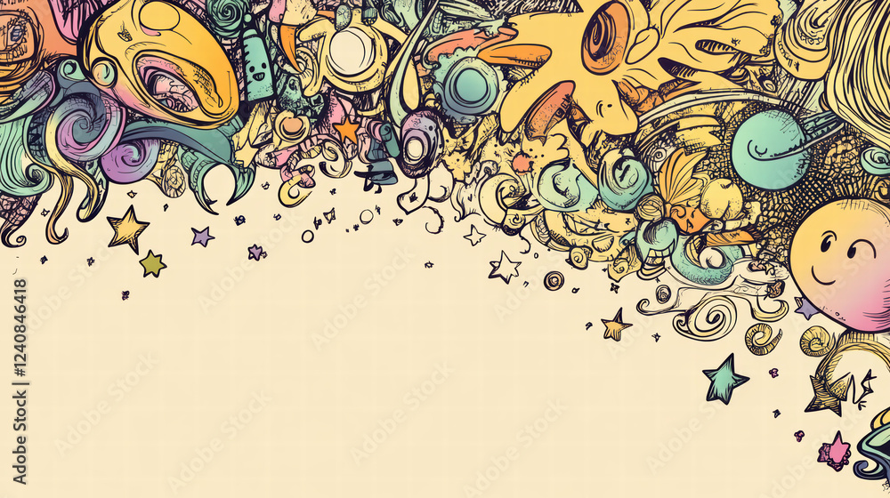 Poster whimsical collection of doodle shapes bursting with color and creativity, featuring playful characte