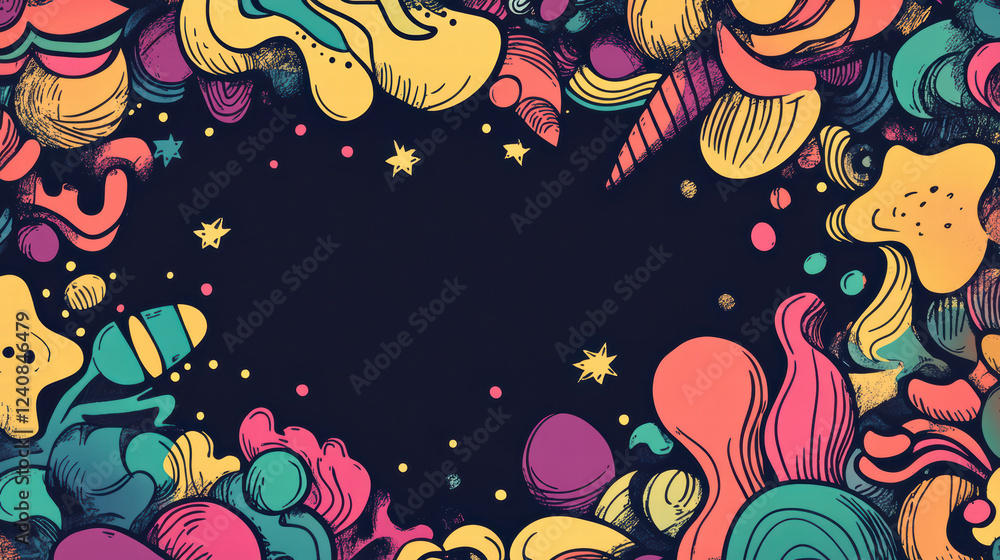 Poster vibrant collection of whimsical doodle shapes in various colors, creating playful and imaginative bo