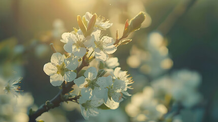 Close-up of blooming white cherry blossoms illuminated by soft sunlight in a serene garden