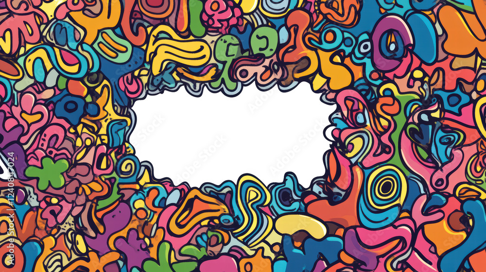 Poster bright and cheerful doodle shapes in various sizes create vibrant border around blank space, perfect