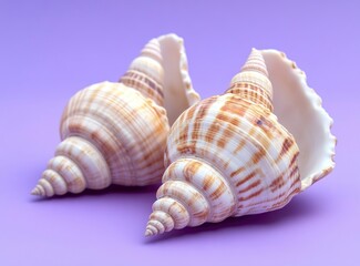 Fototapeta premium Seashells and shells on purple background with copy space for text. Summer beach banner template, blue ocean marine life. 