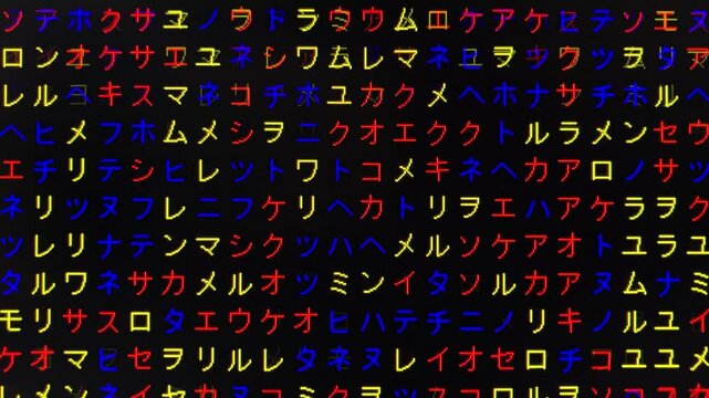 コンピュータ空間のランダムな文字列・さまざまな文字を含むデータベース・エンコードされたプログラム内のデータセット・数学的計算・大規模言語モデル・機械翻訳・カタカナ・日本語・横長・ビデオ
