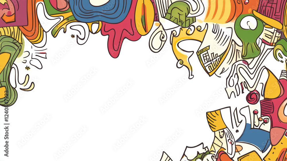 Poster bright and fun doodle shapes creatively designed with vibrant colors and playful patterns, perfect f