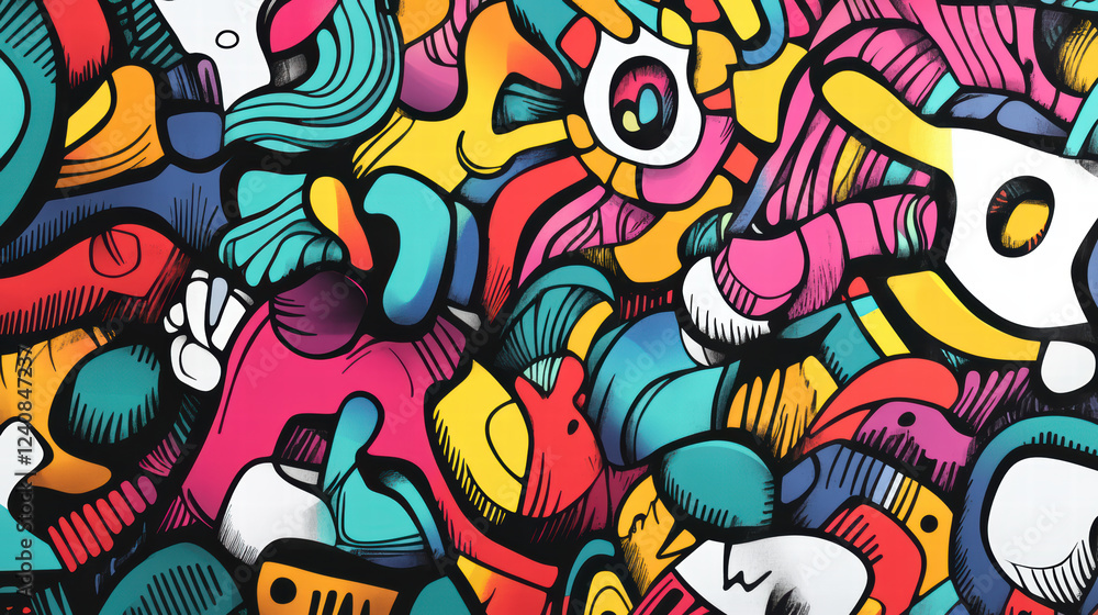 Poster bright and fun doodle shapes creatively designed with vibrant colors and playful patterns, showcasin