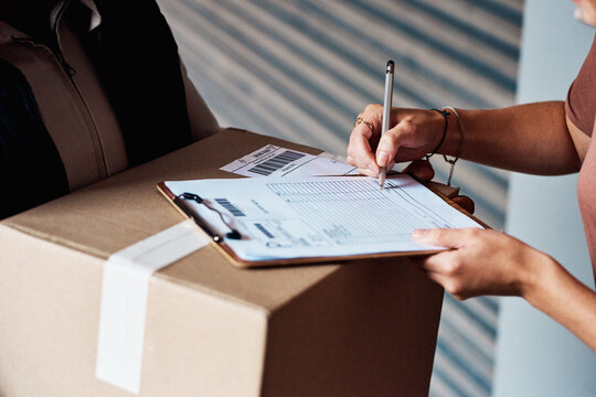 Hands, delivery man and sign paper by door, courier service and invoice for shipment order. Clipboard, woman and ecommerce distribution for commercial export, box and form for customer logistics