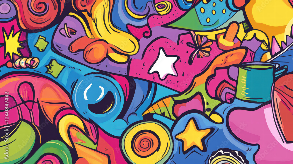 Poster bright and fun doodle shapes creatively designed with vibrant colors and playful patterns, featuring