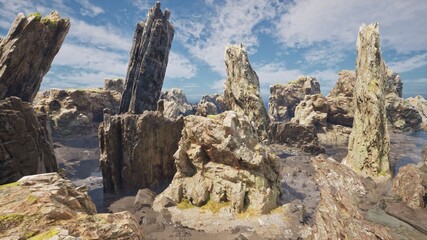 A majestic landscape of the Nordic coast many type mysterious rocks.created by 3D modeling