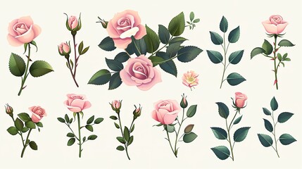 Blossoming Romance: The Alluring Set of Floral Branches with Pink Roses and Green Leaves for Wedding - Inspired Design