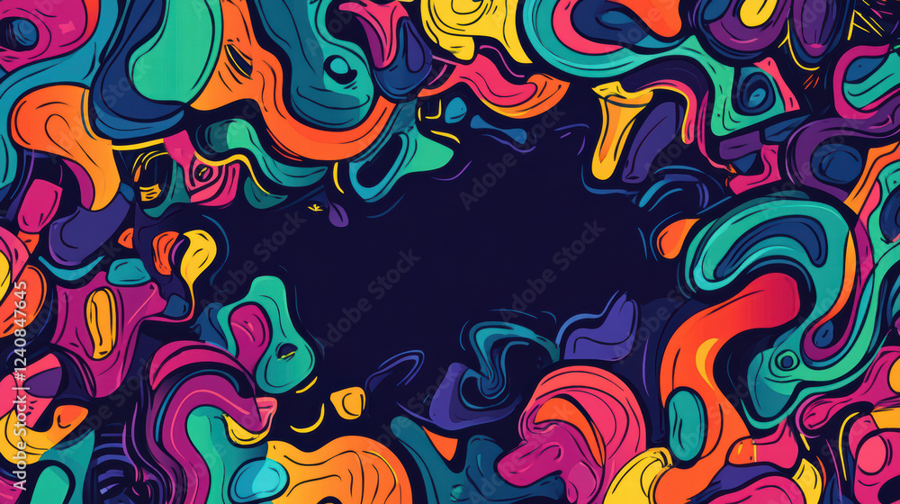 Poster bright and colorful abstract doodle shapes create vibrant frame, perfect for artistic backgrounds or